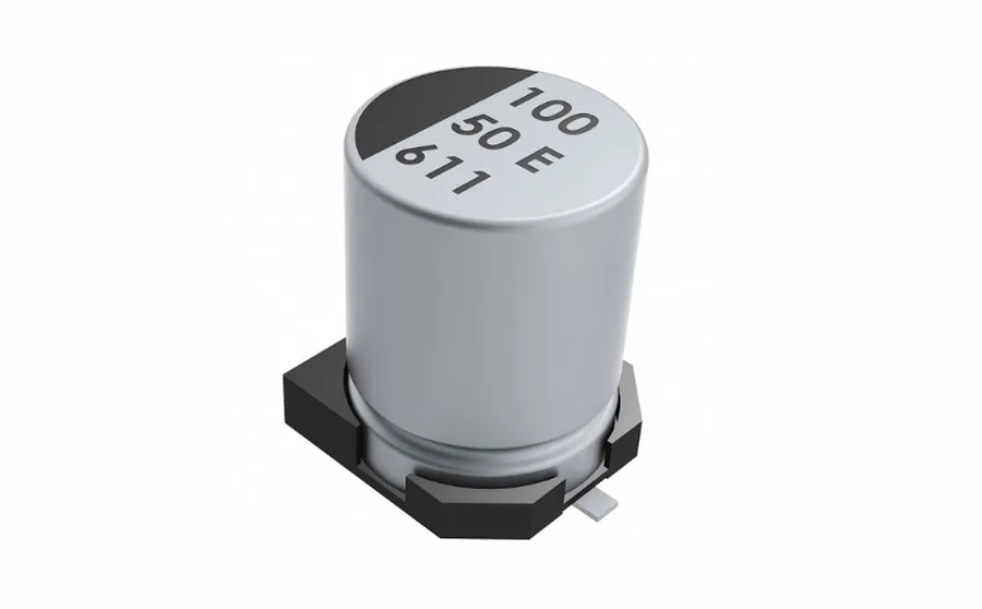 A close-up of a damaged or leaking aluminum electrolytic capacitor.