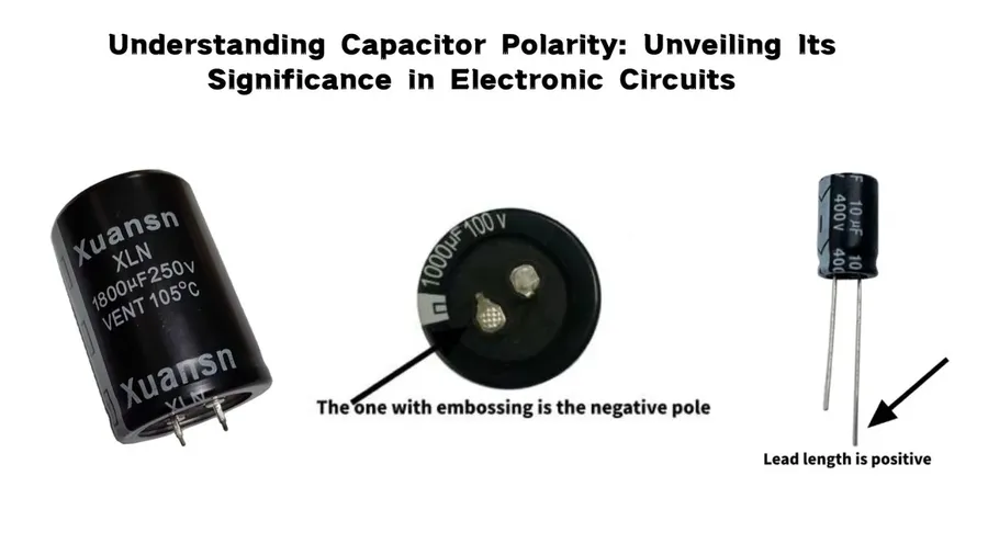 A close-up of an aluminum electrolytic capacitor showing its polarity markings.