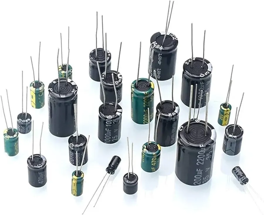 A variety of aluminum electrolytic capacitors in different sizes and shapes.