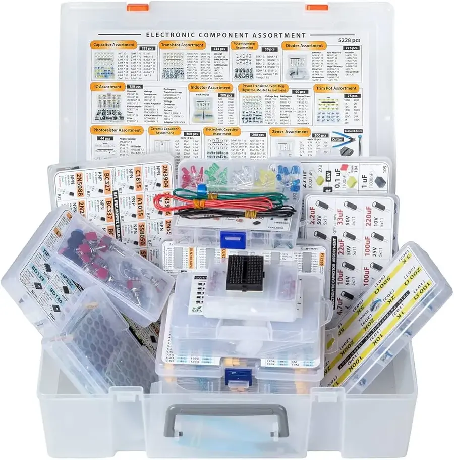 A large quantity of electronic components packaged and ready for assembly.