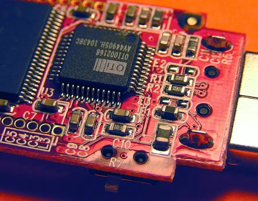 A close-up of SMT components being placed on a PCB.