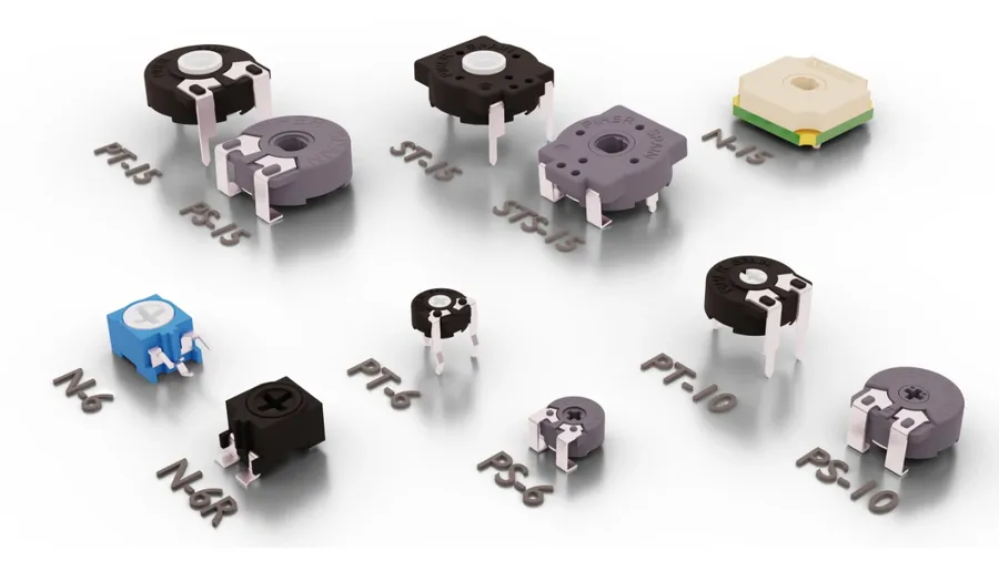 A collection of different types of trim potentiometers.