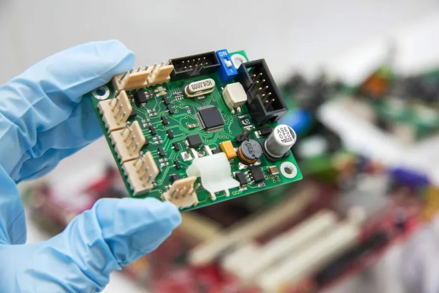 A close-up of a circuit board with various electronic components soldered onto it.