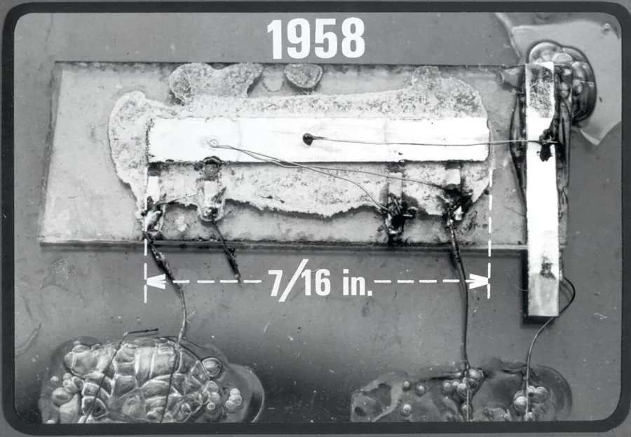 An image of early integrated circuits, showing their historical appearance.