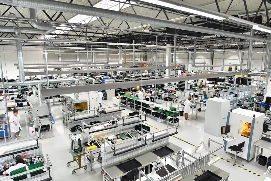 A view of a cleanroom facility in an integrated circuit manufacturing plant.