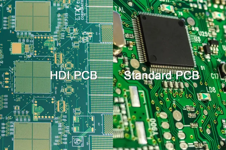 A visual comparison showing the difference between a traditional PCB and an HDI PCB.