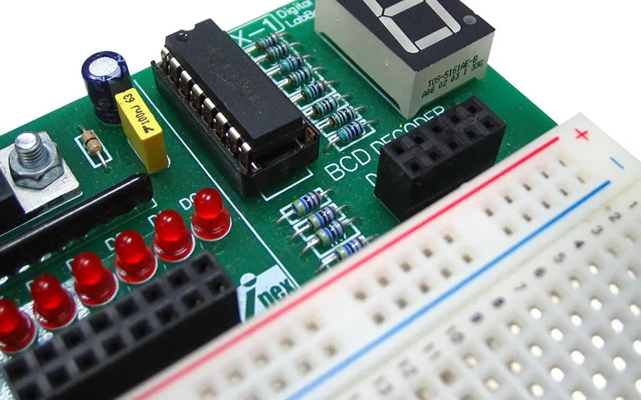 A close-up shot of the various components of an LED PCB.