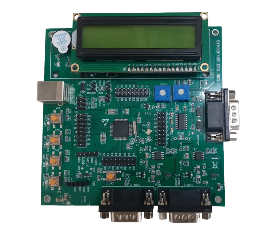 A development board for embedded systems with various components.