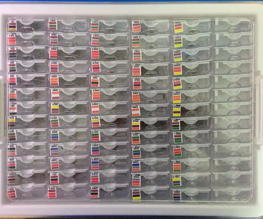 Shelves stocked with resistors in an electronics store.