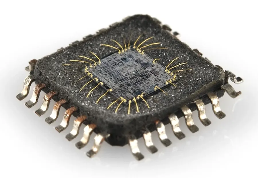 A close-up view of an integrated circuit chip on a board.