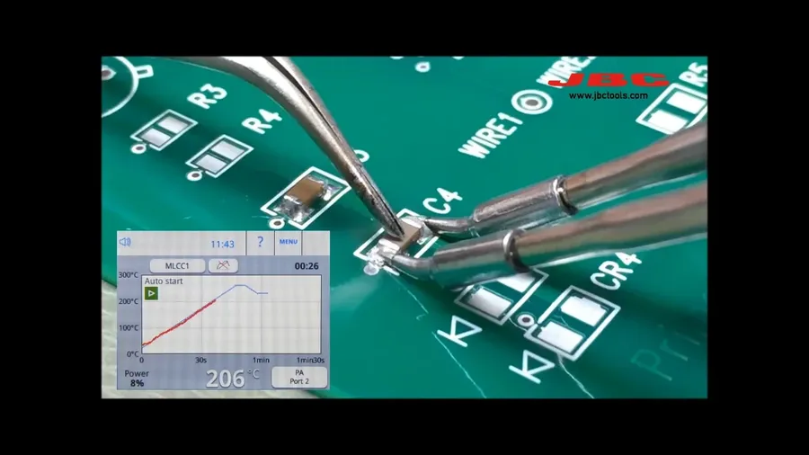 A hand soldering iron placing an MLCC capacitor onto a PCB.