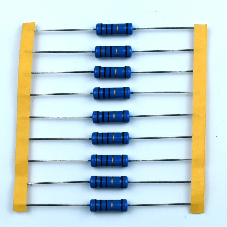 A close-up of a 500 ohm resistor with visible color bands.