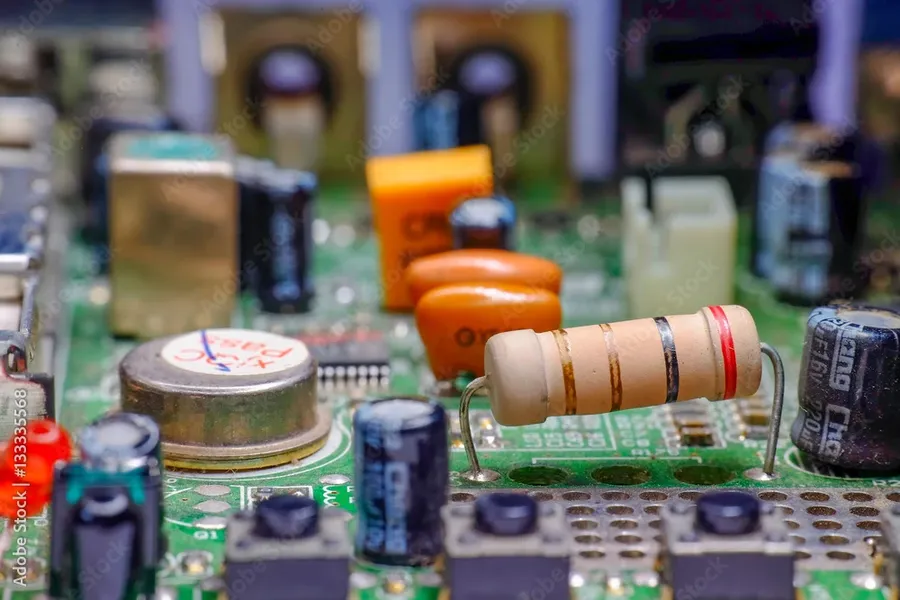A view inside an electronic device with a circuit board and resistors visible.
