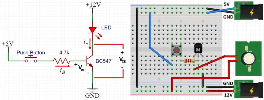 A BC547 transistor soldered onto a circuit board.