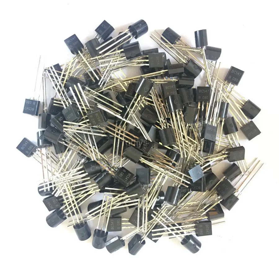 A close-up shot showing BC547A, BC547B and BC547C transistors.