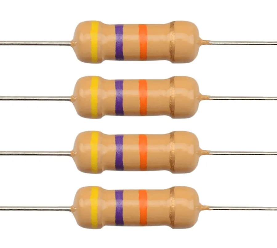 A 47 ohm resistor with its color bands visible.