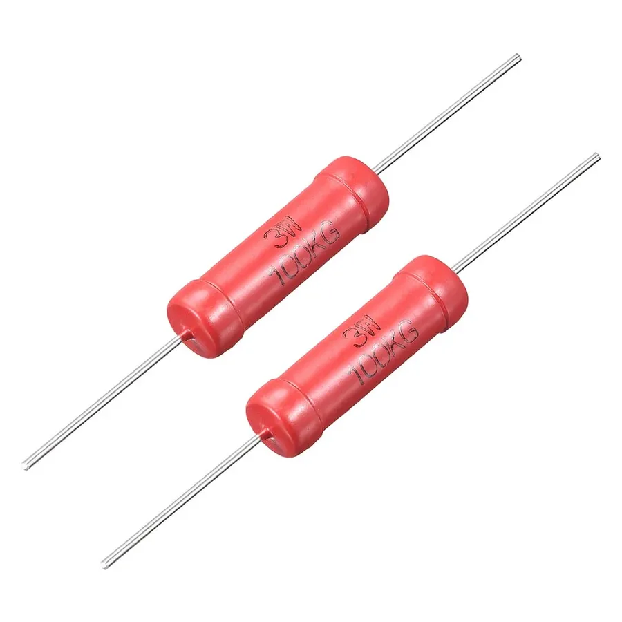 A variety of 100k ohm resistors with different sizes, indicating power ratings.