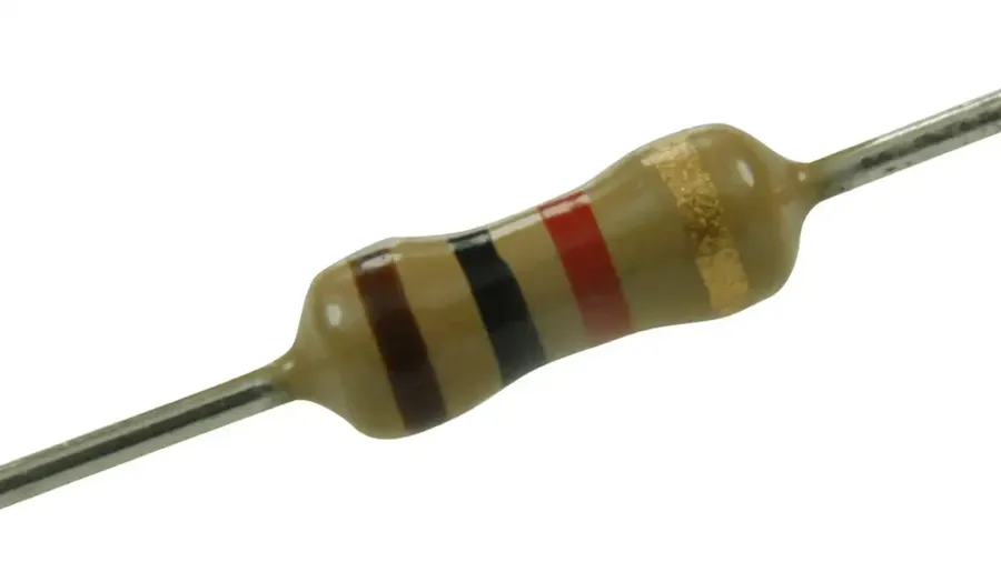 Various types of through-hole resistors.
