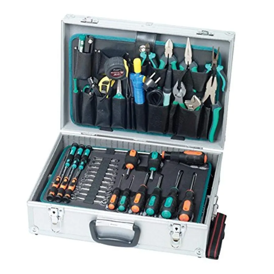 A set of tools commonly used in electronics projects including a soldering iron, multimeter, and wire strippers.