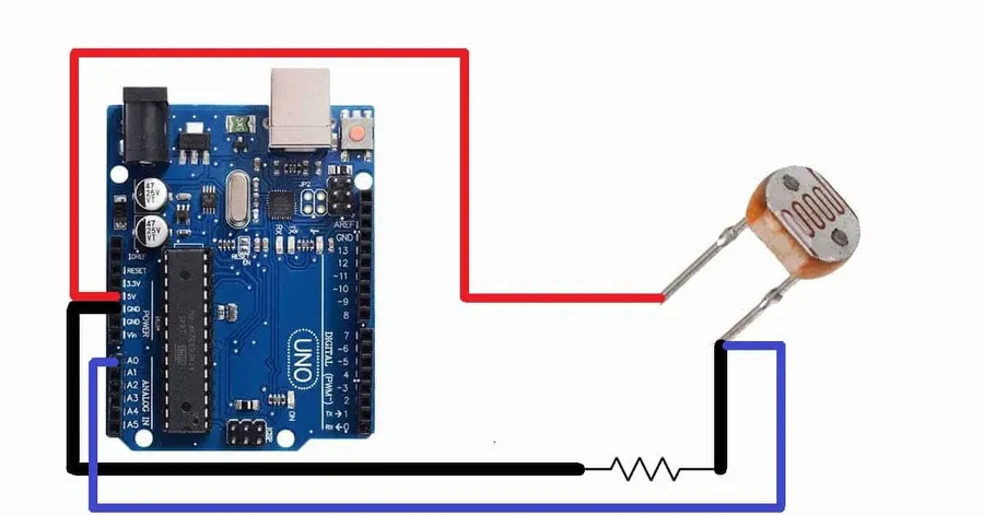 A light-sensitive circuit built with a photoresistor, breadboard and other components.