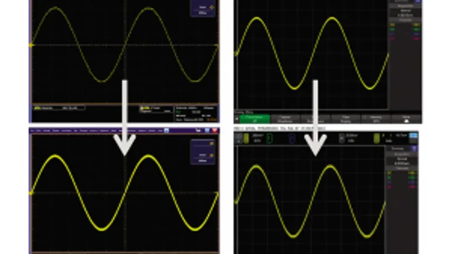 An oscilloscope displaying analog and digital waveforms.
