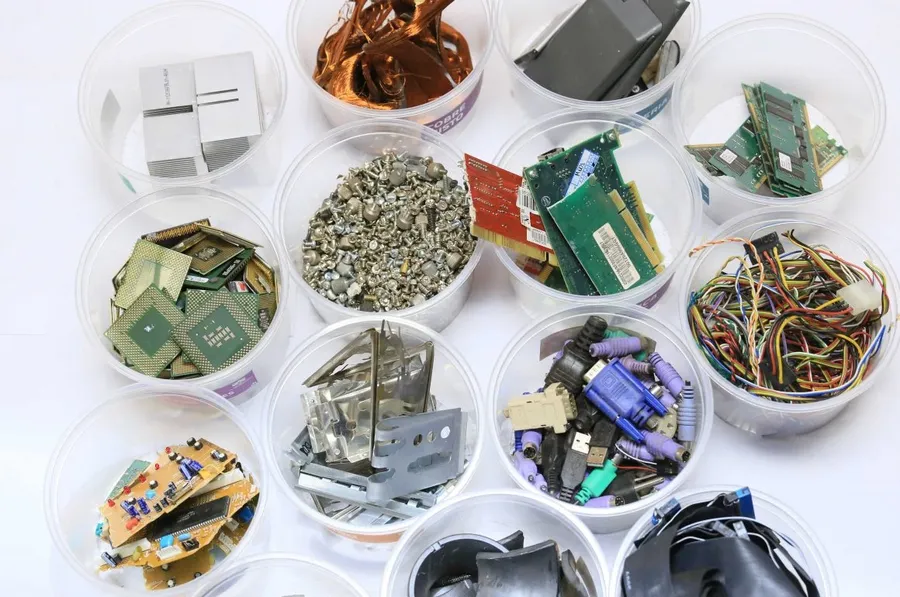 A pile of discarded PCBs being processed for recycling, highlighting environmental concerns.
