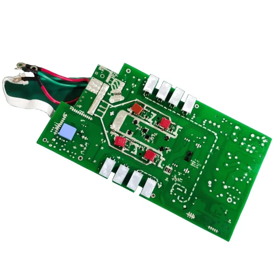A detailed view of the key components on an inverter circuit board.