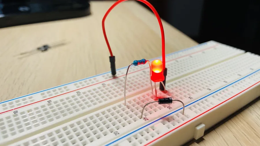 A 1N5408 diode connected on a breadboard.