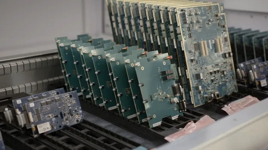 An automated warehouse filled with electronic components and robotic arms.