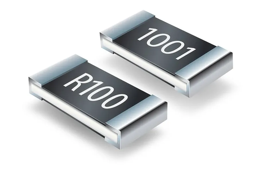 A close-up view of a thick film chip resistor.