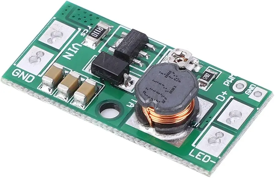 An LED driver circuit board with electronic components.