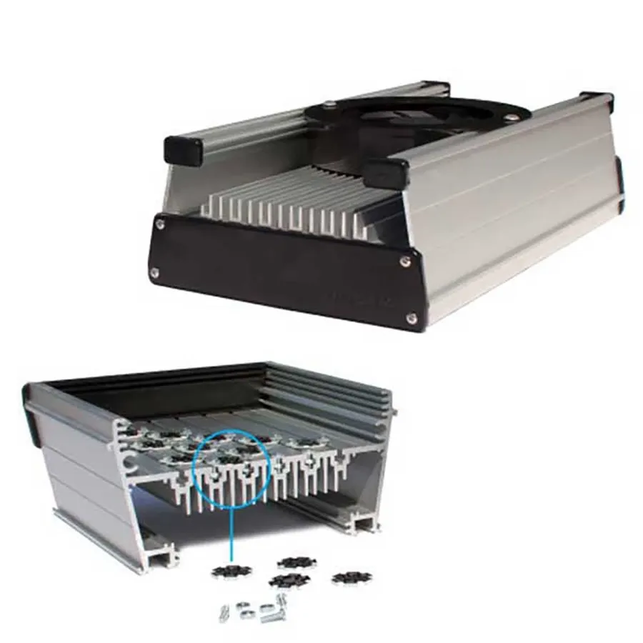 A close-up view of a heat sink attached to LED components.