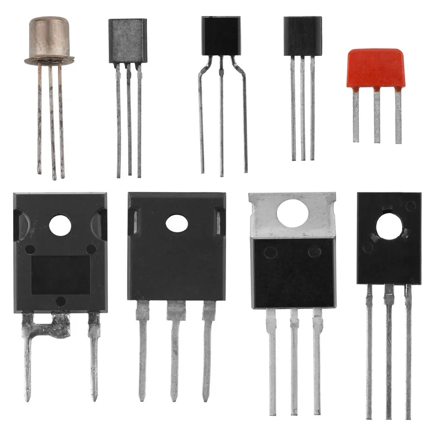 Various types of transistors, including BJT and MOSFET.