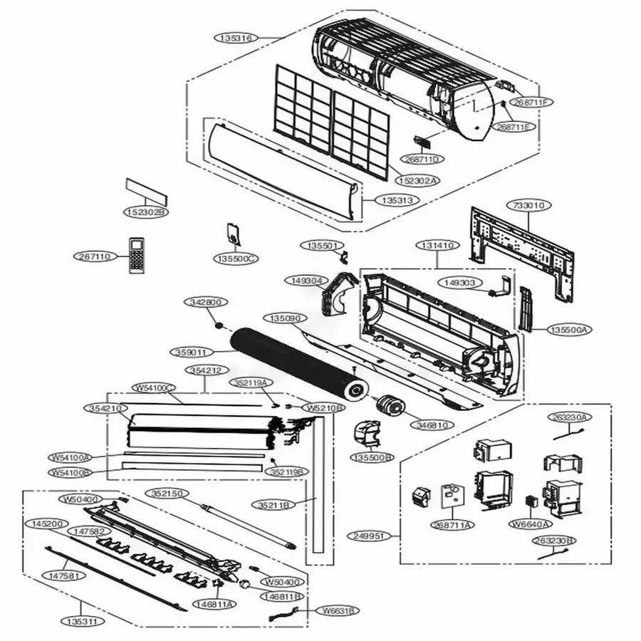 A shop shelf with various air conditioner parts, including PCB boards.