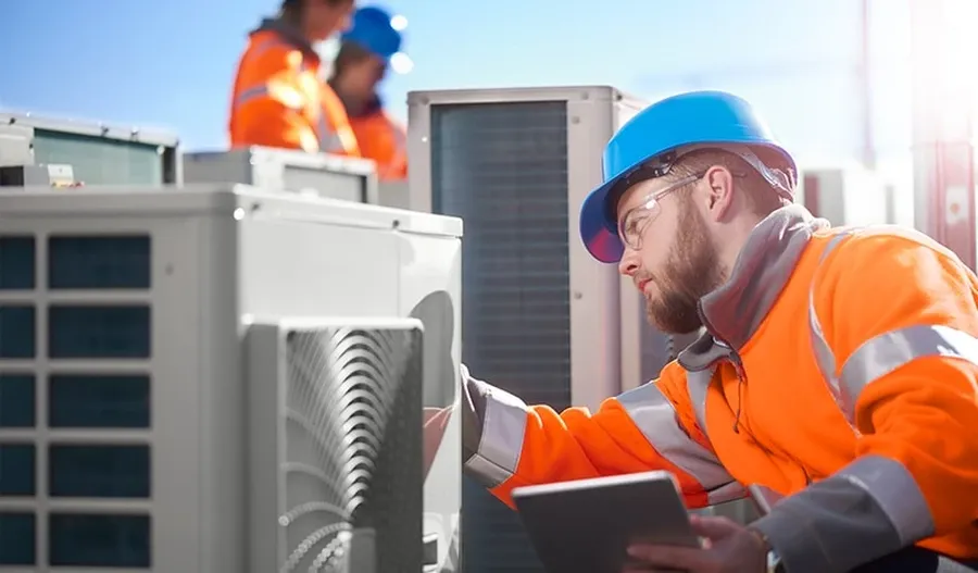 An air conditioner undergoing routine maintenance.