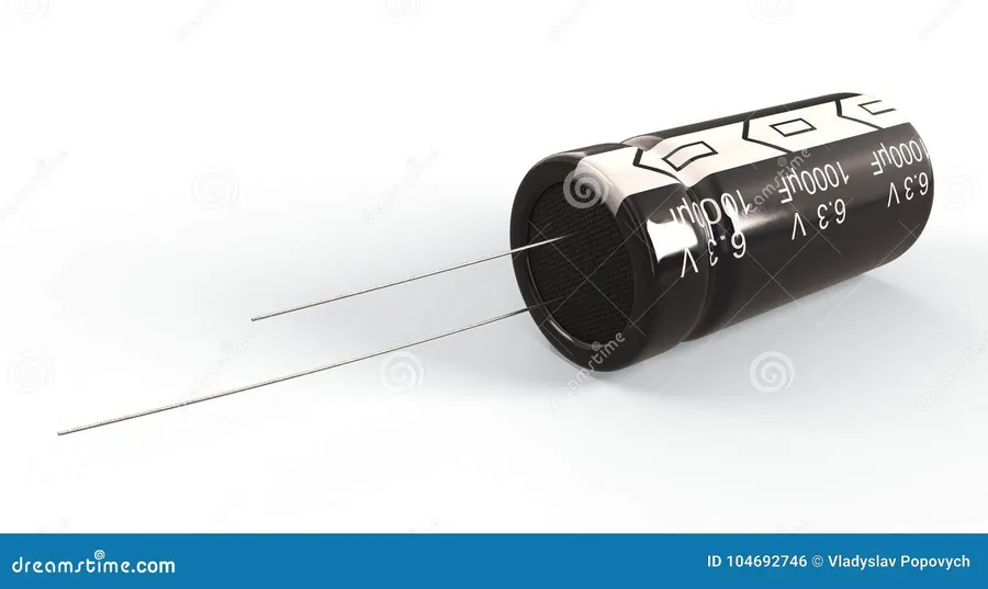 A close-up image of a capacitor, showing its markings and terminals.
