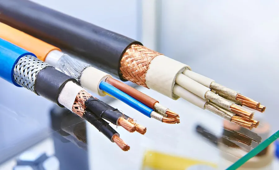 A close-up of several insulated electrical wires with different colors.