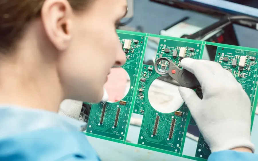 A person inspecting a printed circuit board under a magnifier.