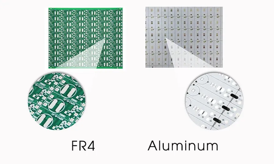 Side-by-side comparison of an aluminum PCB and a FR4 PCB.