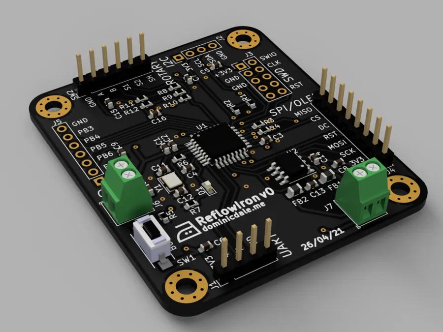 A 3D rendered view of a PCB design in KiCad.