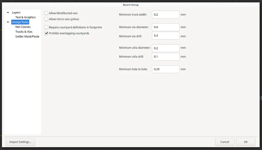A view of the KiCad settings window where user preferences are configured.