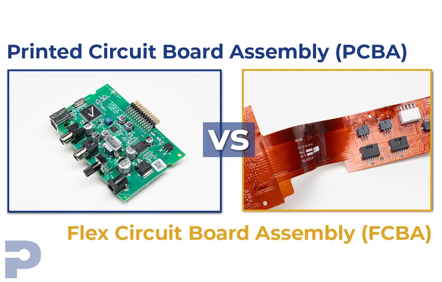 A side-by-side comparison of a bare PCB and an assembled PCB.