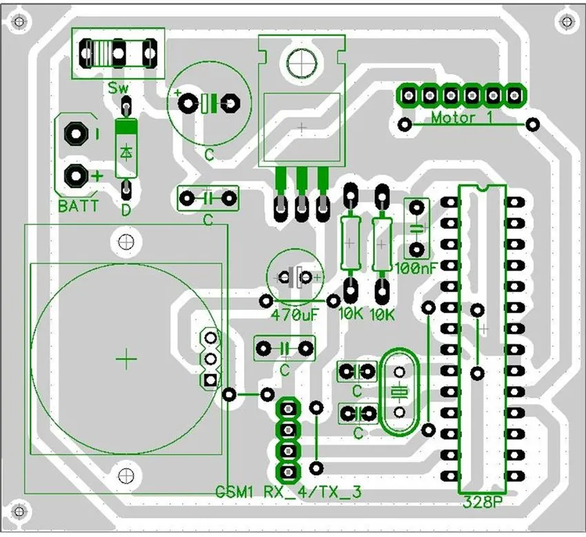 A top-down view of a PCB layout with traces and components.