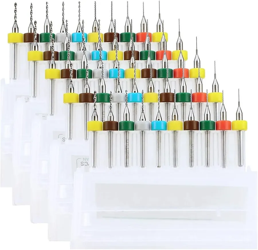Various sizes of PCB drill bits.
