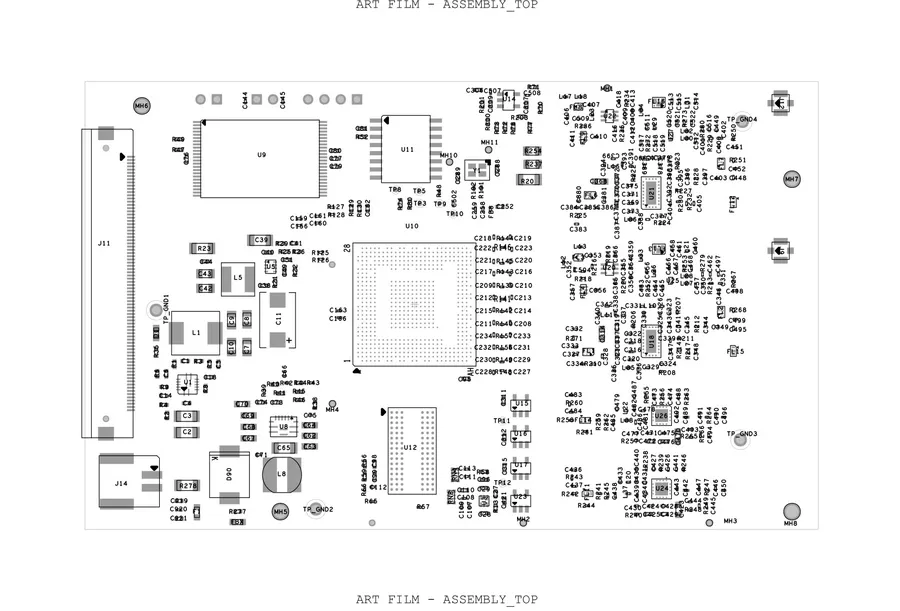 A PCB assembly drawing showing component placement and orientations.