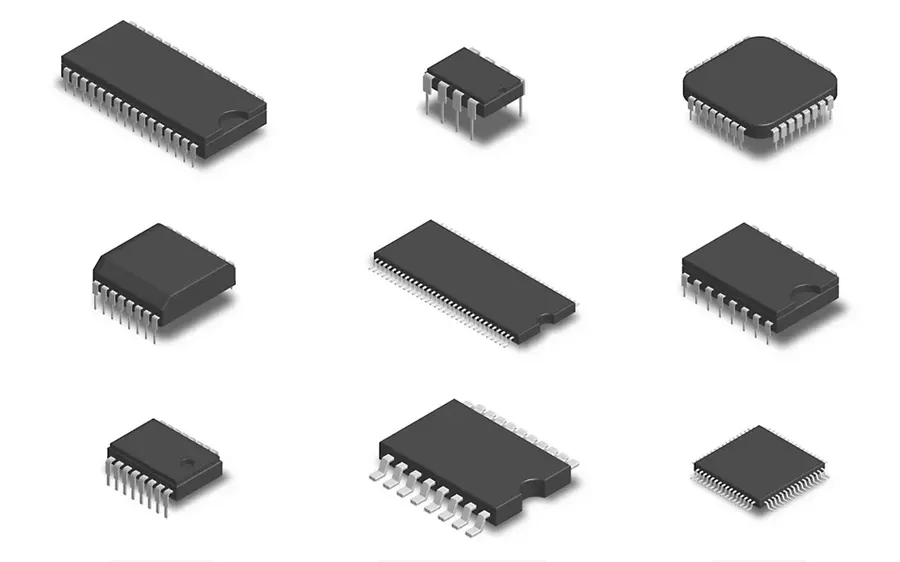 A collection of various Integrated Circuit chips with different sizes and shapes.