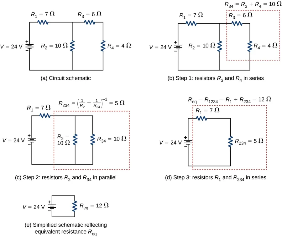A schematic diagram showing resistors connected in series and parallel.