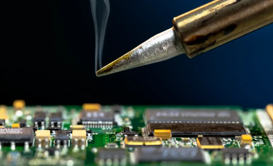 A hand soldering a resistor onto a circuit board.