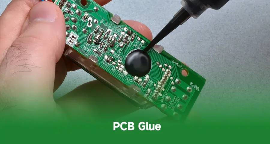 A small bottle of superglue near a PCB component.
