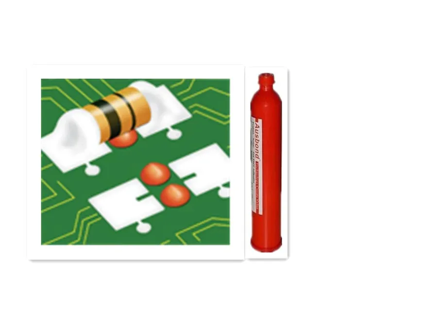 A container of epoxy glue next to a PCB.